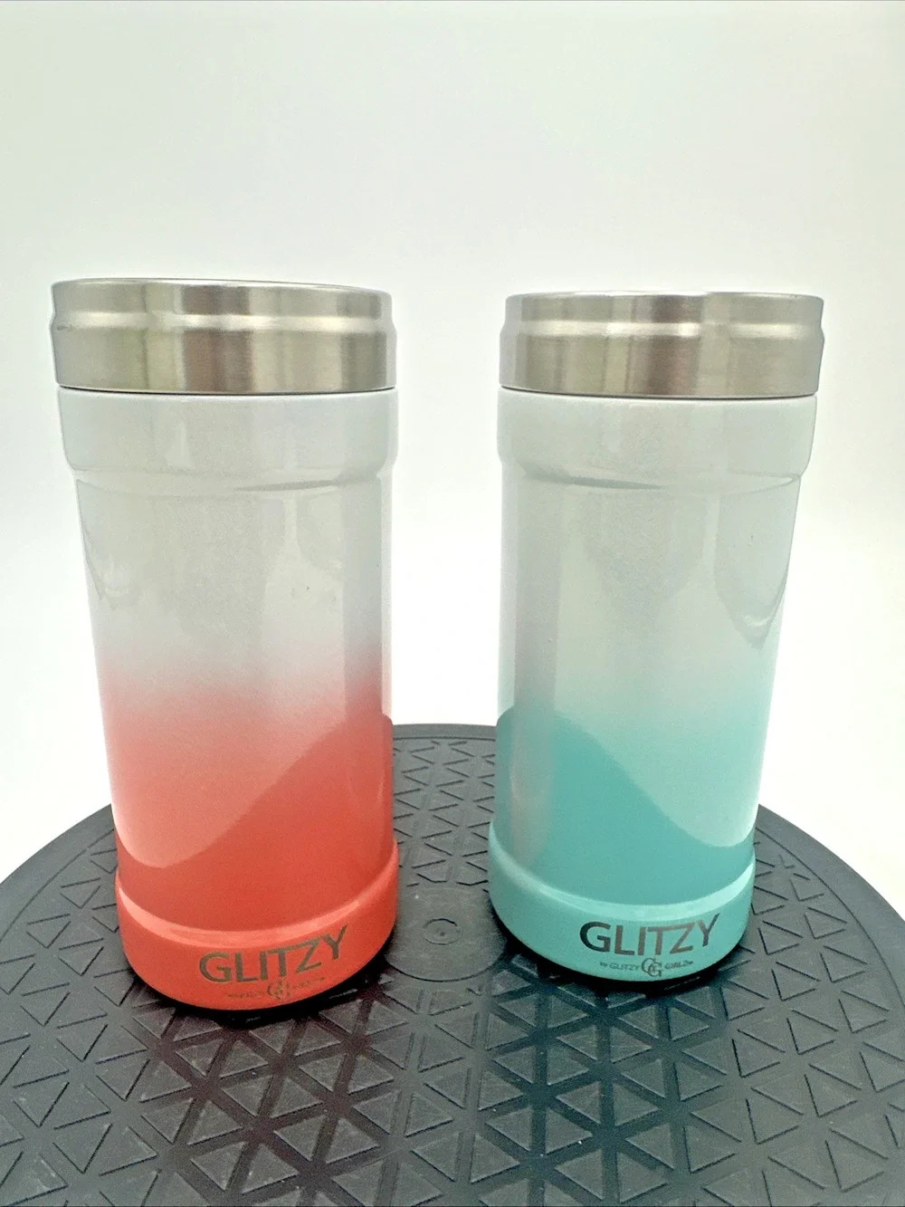 Lot of 2 Glitzy Can Cooler Koozies 12oz Teal And Salmon Color NWOT